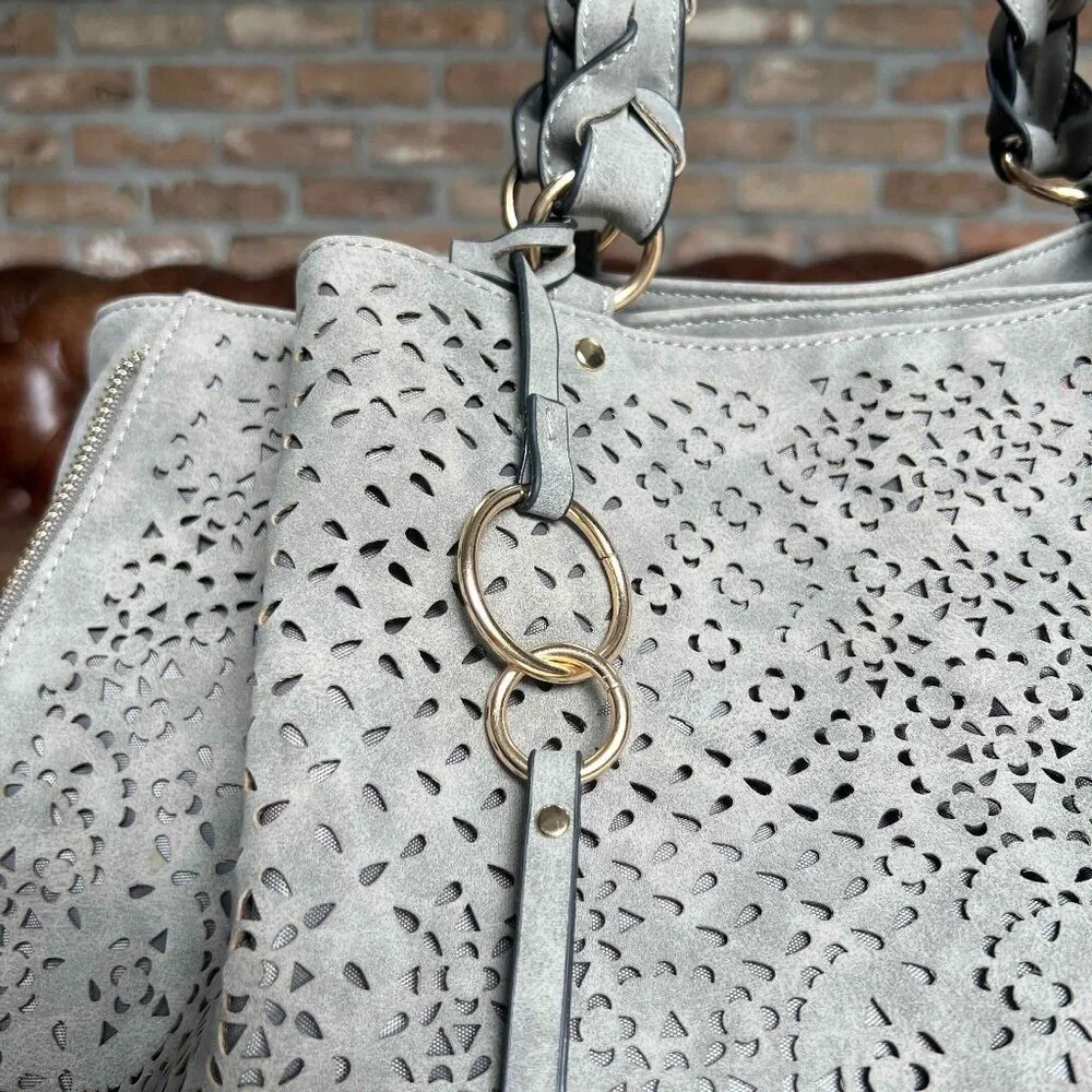 Violet Ray Faux Suede Laser Cut Gray Tote Bag Lined Boho Chic EUC mulberryfoundr - Picture 2 of 16